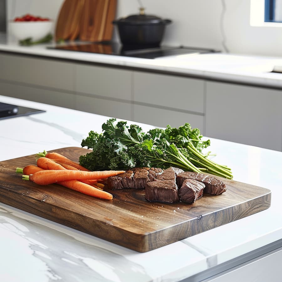 carrots and kale and meat on kitchen counter
